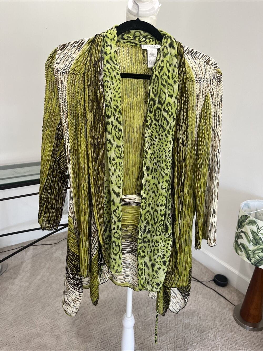 Mona Leah Chartreuse Crinkle Jacket Cardigan Travel Light Weight Open Front Sz M